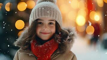 une mignonne Jeune fille des stands et sourit à la recherche à le caméra. rester sur Noël route à Regardez à le neigeux Noël arbre. photo