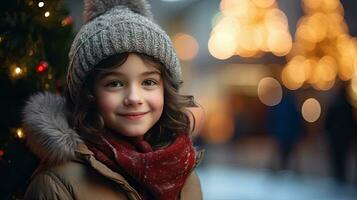 une mignonne Jeune fille des stands et sourit à la recherche à le caméra. rester sur Noël route à Regardez à le neigeux Noël arbre. photo