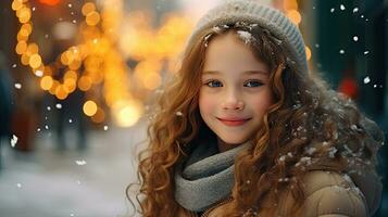 une mignonne Jeune fille des stands et sourit à la recherche à le caméra. rester sur Noël route à Regardez à le neigeux Noël arbre. photo