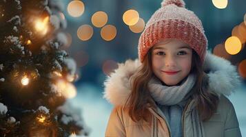 une mignonne Jeune fille des stands et sourit à la recherche à le caméra. rester sur Noël route à Regardez à le neigeux Noël arbre. photo