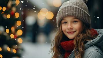 une mignonne Jeune fille des stands et sourit à la recherche à le caméra. rester sur Noël route à Regardez à le neigeux Noël arbre. photo