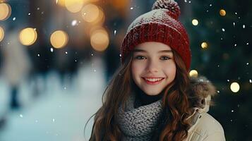 une mignonne Jeune fille des stands et sourit à la recherche à le caméra. rester sur Noël route à Regardez à le neigeux Noël arbre. photo