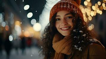 une mignonne Jeune fille des stands et sourit à la recherche à le caméra. rester sur Noël route à Regardez à le neigeux Noël arbre. photo