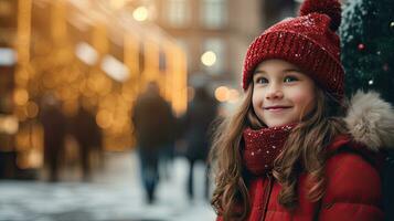 une mignonne Jeune fille des stands et sourit à la recherche à le caméra. rester sur Noël route à Regardez à le neigeux Noël arbre. photo