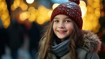 une mignonne Jeune fille des stands et sourit à la recherche à le caméra. rester sur Noël route à Regardez à le neigeux Noël arbre. photo