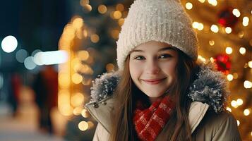 une mignonne Jeune fille des stands et sourit à la recherche à le caméra. rester sur Noël route à Regardez à le neigeux Noël arbre. photo