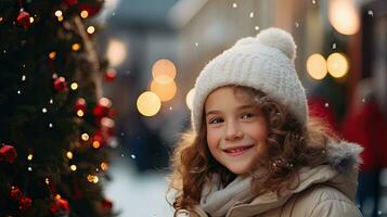 une mignonne Jeune fille des stands et sourit à la recherche à le caméra. rester sur Noël route à Regardez à le neigeux Noël arbre. photo