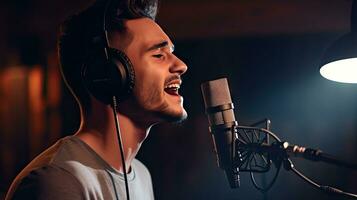 habile Masculin chanteur avec yeux fermé dans décontractée vêtements avec écouteurs et la musique enregistré sur portable dans moderne éclairage studio avec professionnel microphone. photo