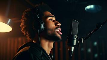 habile Masculin chanteur avec yeux fermé dans décontractée vêtements avec écouteurs et la musique enregistré sur portable dans moderne éclairage studio avec professionnel microphone. photo