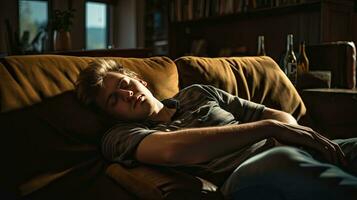 Jeune homme en train de dormir sur canapé à Accueil photo