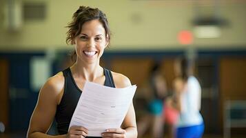 femelle physique éducation prof détient une souriant Gym dossier derrière sa pour élèves à exercer. photo