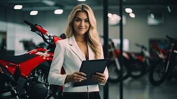 une vendeuse détient une souriant Gym déposer. derrière il est une Nouveau gros bicyclette dans le salle d'exposition. photo