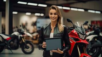 une vendeuse détient une souriant Gym déposer. derrière il est une Nouveau gros bicyclette dans le salle d'exposition. photo