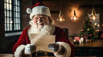 Père Noël claus détient une message de bonheur à la recherche à le caméra, souriant Heureusement photo