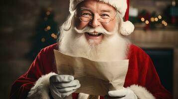 Père Noël claus détient une message de bonheur à la recherche à le caméra, souriant Heureusement photo