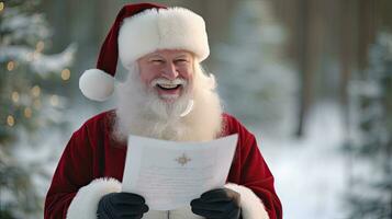 Père Noël claus détient une message de bonheur à la recherche à le caméra, souriant Heureusement photo