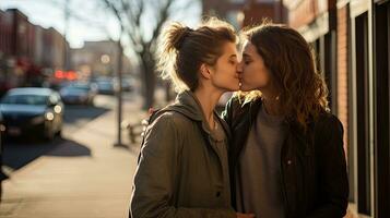lesbienne couple embrasser pendant une romantique Date à le coucher du soleil sur le des rues de Madrid photo
