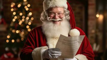 Père Noël claus détient une message de bonheur à la recherche à le caméra, souriant Heureusement photo