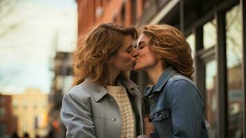 lesbienne couple embrasser pendant une romantique Date à le coucher du soleil sur le des rues de Madrid photo