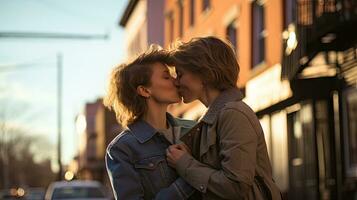 lesbienne couple embrasser pendant une romantique Date à le coucher du soleil sur le des rues de Madrid photo
