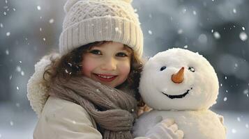 souriant Jeune femme avec bonhomme de neige sur blanc Noël dans hiver neige photo