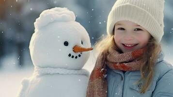 souriant Jeune femme avec bonhomme de neige sur blanc Noël dans hiver neige photo