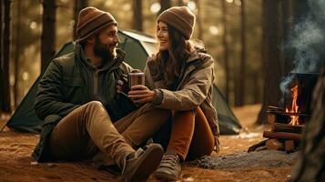 Jeune couple ayant une pique-nique séance près une feu de camp et tente boisson café dans le pin forêt photo