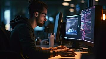 Jeune Masculin Logiciel développeur écrit une programme tandis que travail dans le bureau. photo