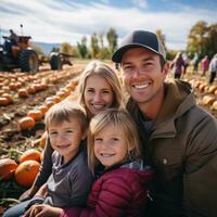 hayride par une citrouille pièce avec famille photo