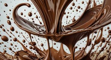 une courant et éclaboussures de liquide chocolat, congelé mouvement. photo