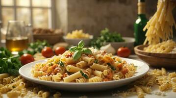 italien nourriture Penne Pâtes dans tomate sauce avec poulet et tomates sur une en bois table photo