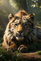 Masculin tigre dans le la nature habitat en marchant tête sur composition faune scène photo