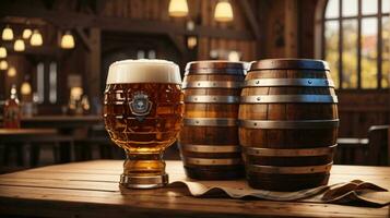 réaliste oktoberfest Bière baril avec Bière des lunettes sur en bois table photo