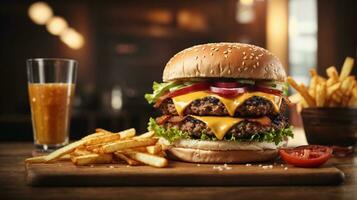 encore la vie de délicieux américain Hamburger et français frites sur en bois table photo