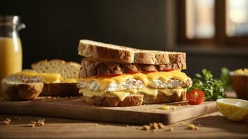 sandwich avec mixte Ingrédients et français frites sur une en bois planche photo