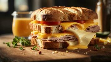 sandwich avec mixte Ingrédients et français frites sur une en bois planche photo