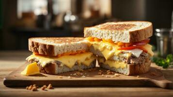 sandwich avec mixte Ingrédients et français frites sur une en bois planche photo