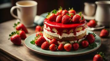 photo délicieux et sucré gâteau avec des fraises sur une assiette