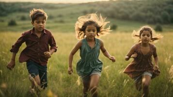 photo enfant ciselure chaque autre sur vert champ