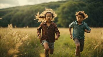 photo enfant ciselure chaque autre sur vert champ