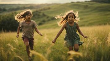 photo enfant ciselure chaque autre sur vert champ