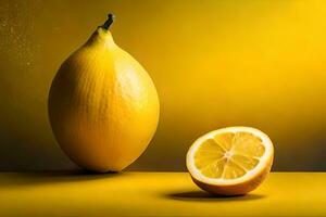 citron fruit comme égouttage art dans une coloré Jaune Contexte photo