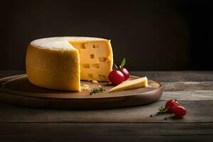 photo délicieux pièces de fromage sur une foncé Contexte très détaillé