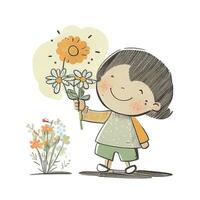 une petit enfant avec une petit bouquet de fleurs sauvages photo