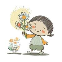 une petit enfant avec une petit bouquet de fleurs sauvages photo