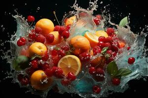 le des fruits de différent variétés tranches chute en dehors de l'eau photo