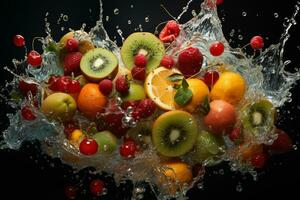 le des fruits de différent variétés tranches chute en dehors de l'eau photo