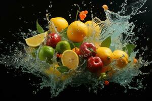 le des fruits de différent variétés tranches chute en dehors de l'eau photo