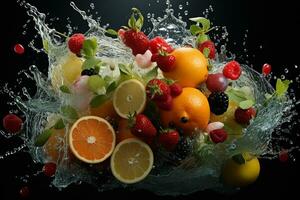 le des fruits de différent variétés tranches chute en dehors de l'eau photo