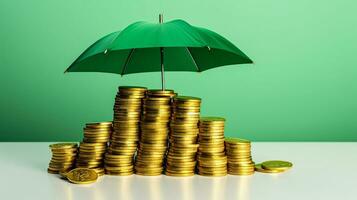 piles de d'or pièces de monnaie couvert par vert parapluie génératif ai photo